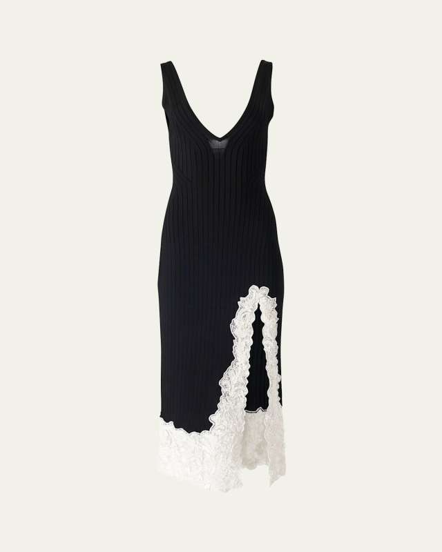 Lace-Slit Rib Slip Dress